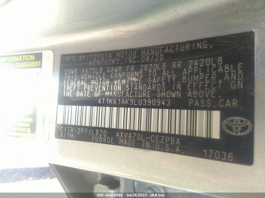 2020 TOYOTA CAMRY XSE - 4T1K61AK9LU390943