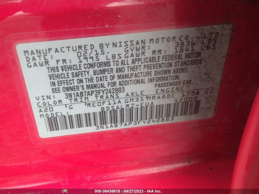2015 NISSAN SENTRA SR - 3N1AB7AP3FY242883
