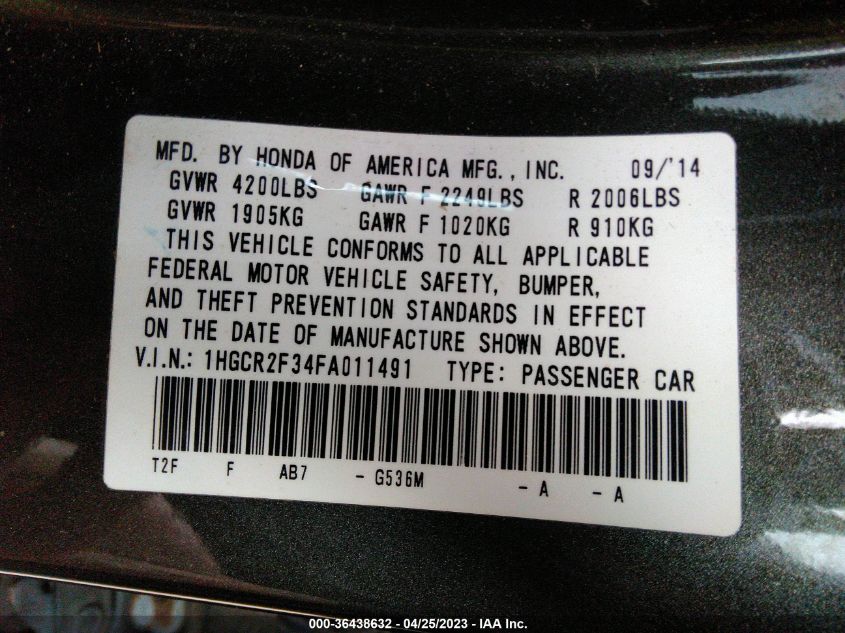 2015 HONDA ACCORD SEDAN LX - 1HGCR2F34FA011491