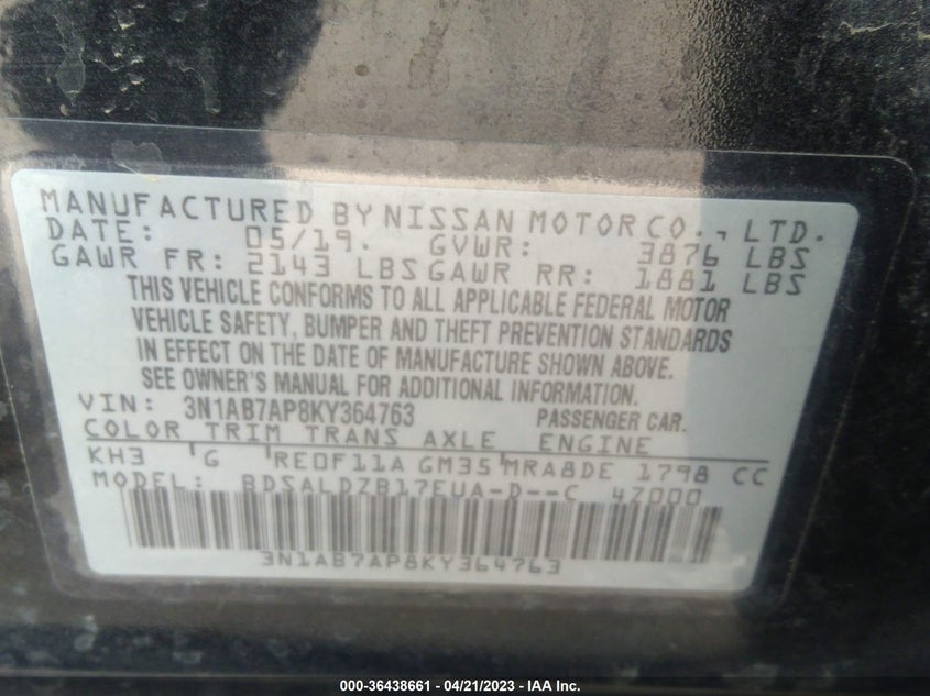 VIN 3N1AB7AP8KY364763 2019 NISSAN SENTRA SV
