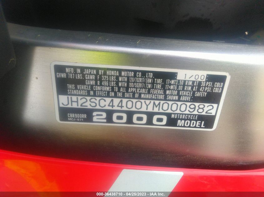 2000 HONDA CBR900 RR JH2SC4400YM000982