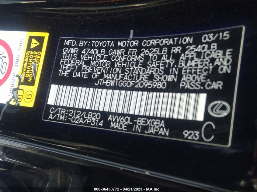 2015 LEXUS ES 300H HYBRID - JTHBW1GG0F2095980