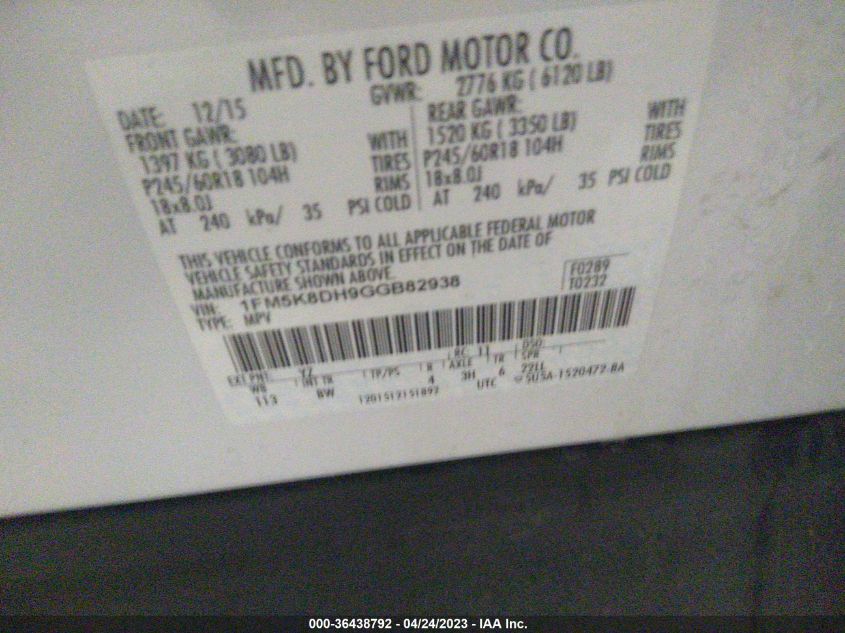 2016 FORD EXPLORER XLT - 1FM5K8DH9GGB82938
