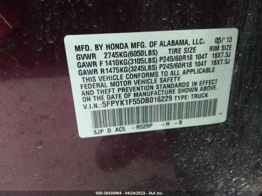 2013 HONDA RIDGELINE - 5FEYK1F55BB016229