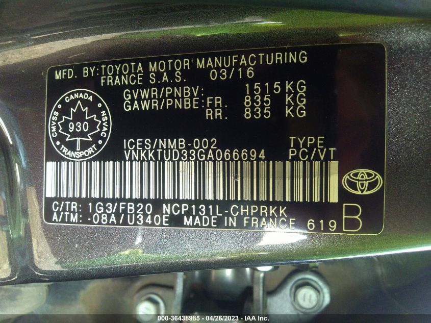 2016 TOYOTA YARIS LE/SE - VNKKTUD33GA066694