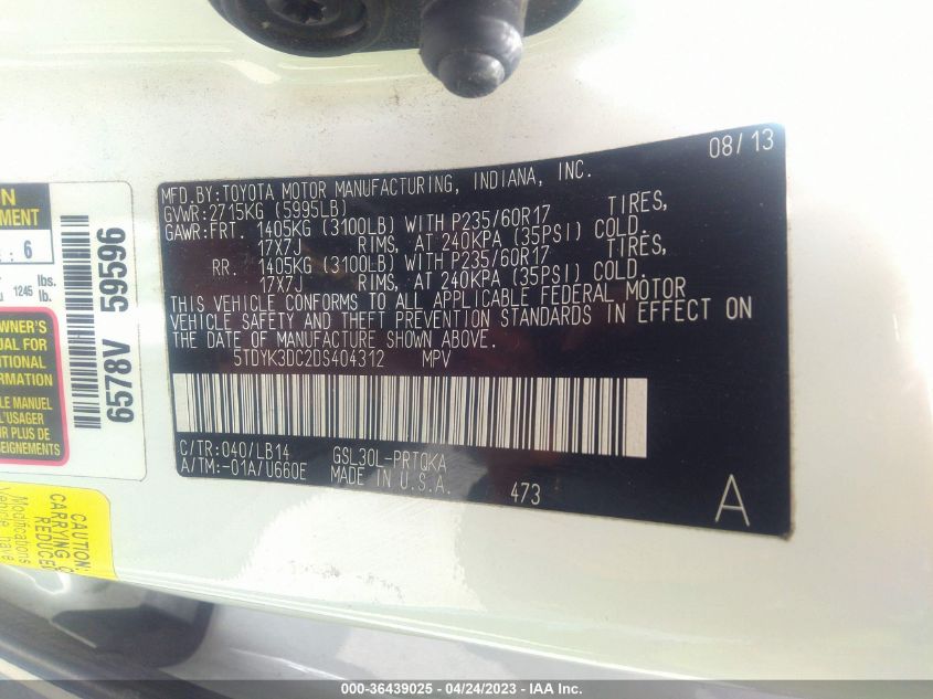 2013 TOYOTA SIENNA XLE AAS/XLE/LTD - 5TDYK3DC2DS404312