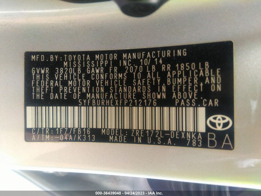 2015 TOYOTA COROLLA L/LE/S/S PLUS/LE PLUS - 5YFBURHEXFP212176