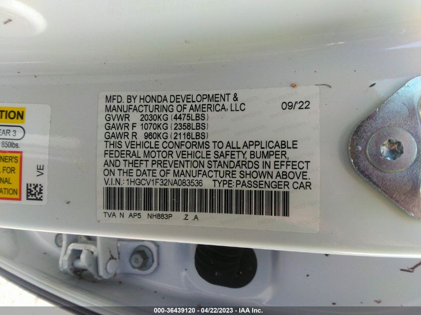 2022 HONDA ACCORD SEDAN SPORT - 1HGCV1F32NA083536