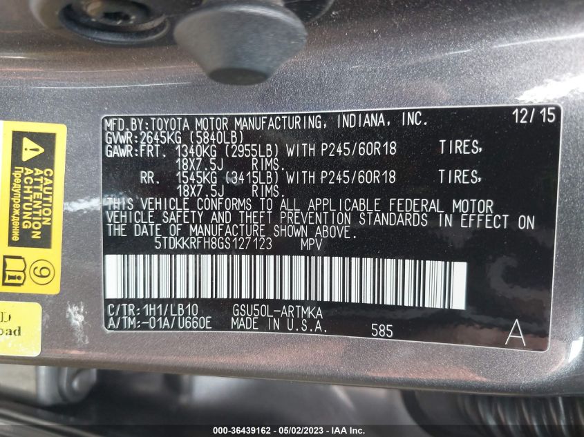 2016 TOYOTA HIGHLANDER XLE - 5TDKKRFH8GS127123