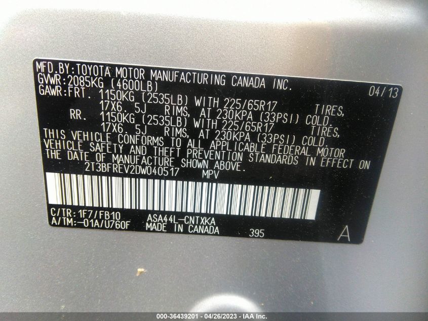 2013 TOYOTA RAV4 LE - 2T3BFREV2DW040517