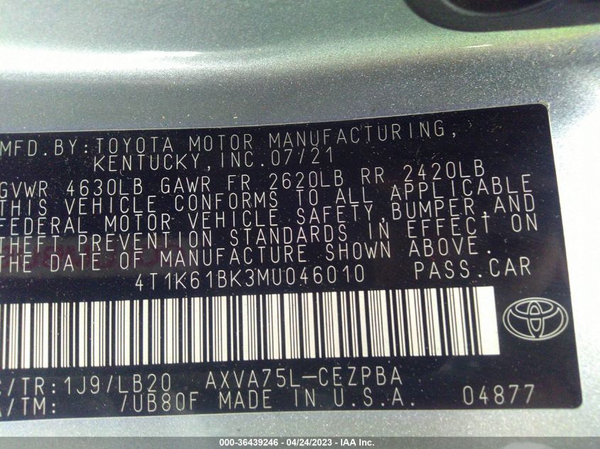 2021 TOYOTA CAMRY XSE - 4T1K61BK3MU046010