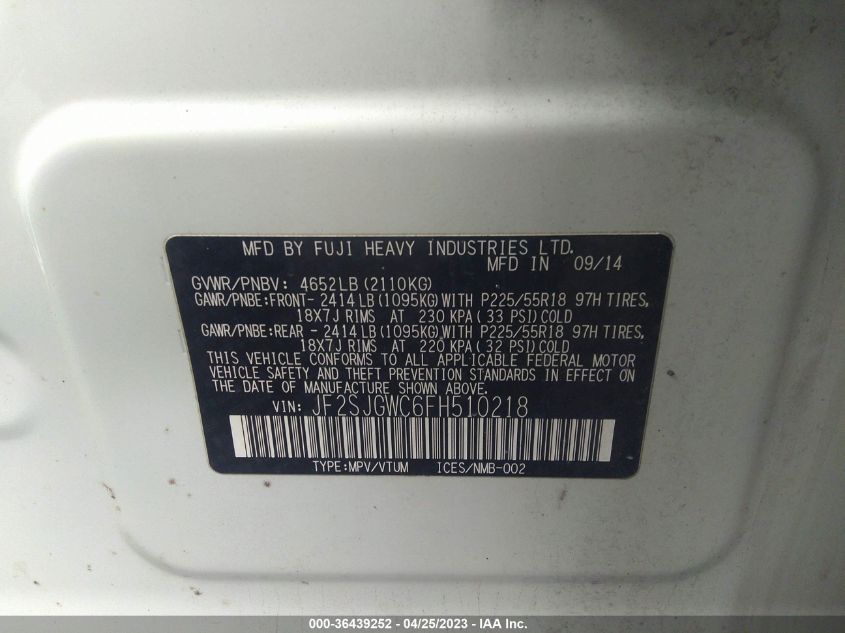 2015 SUBARU FORESTER 2.0XT TOURING - JF2SJGWC6FH510218