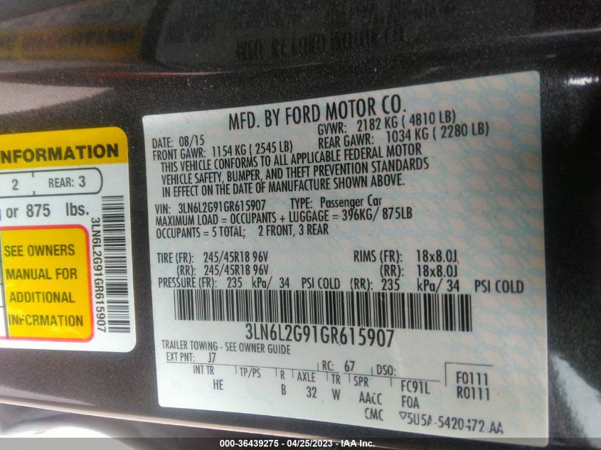 2016 LINCOLN MKZ - 3LN6L2G91GR615907