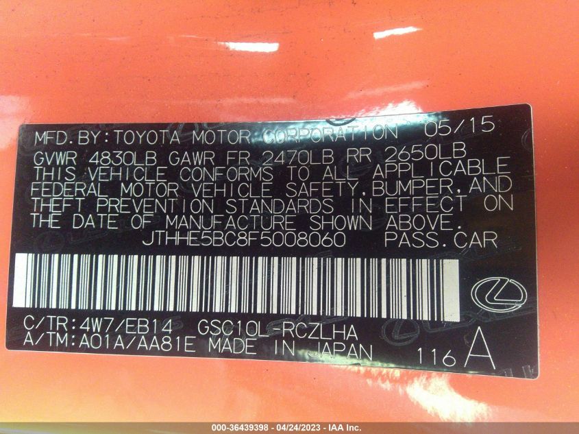 2015 LEXUS RC 350 JTHHE5BC8F5008060