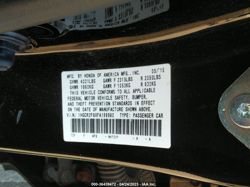 2015 HONDA ACCORD SEDAN EX-L - 1HGCR2F8XFA199980