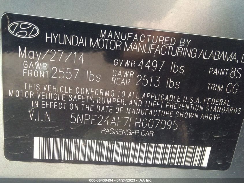 2015 HYUNDAI SONATA 2.4L SE - 5NPE24AF7FH007095