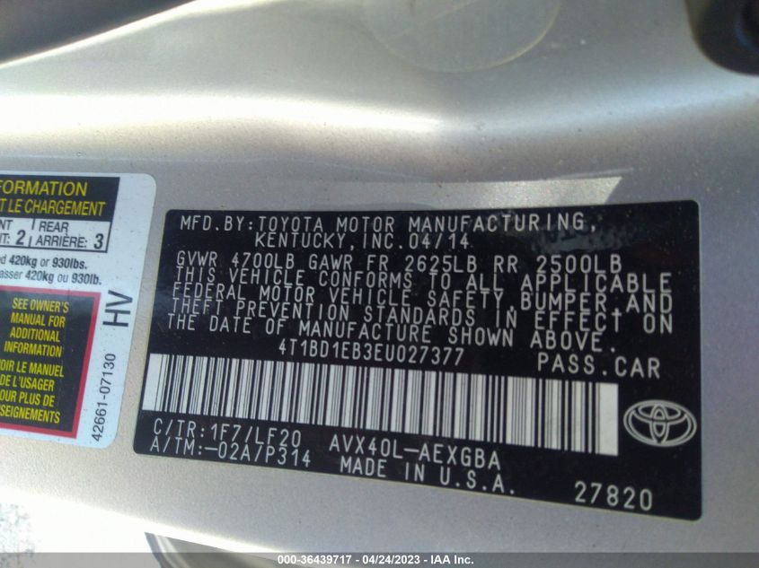 2014 TOYOTA AVALON HYBRID LIMITED/XLE TOURING 4T1BD1EB3EU027377