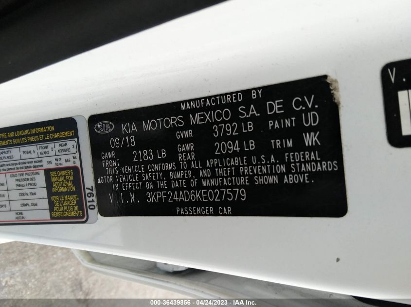 2019 KIA FORTE LXS - 3KPF24AD6KE027579