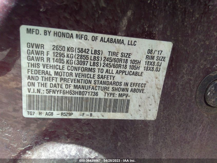 2017 HONDA PILOT EX-L - 5FNYF6H63HB071736