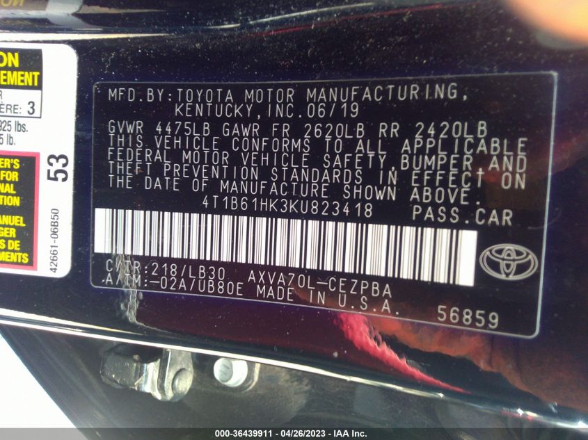 2019 TOYOTA CAMRY XSE - 4T1B61HK3KU823418