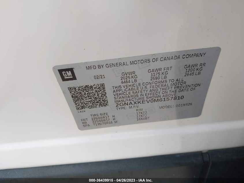 2021 CHEVROLET EQUINOX LT - 2GNAXKEV0M6157810