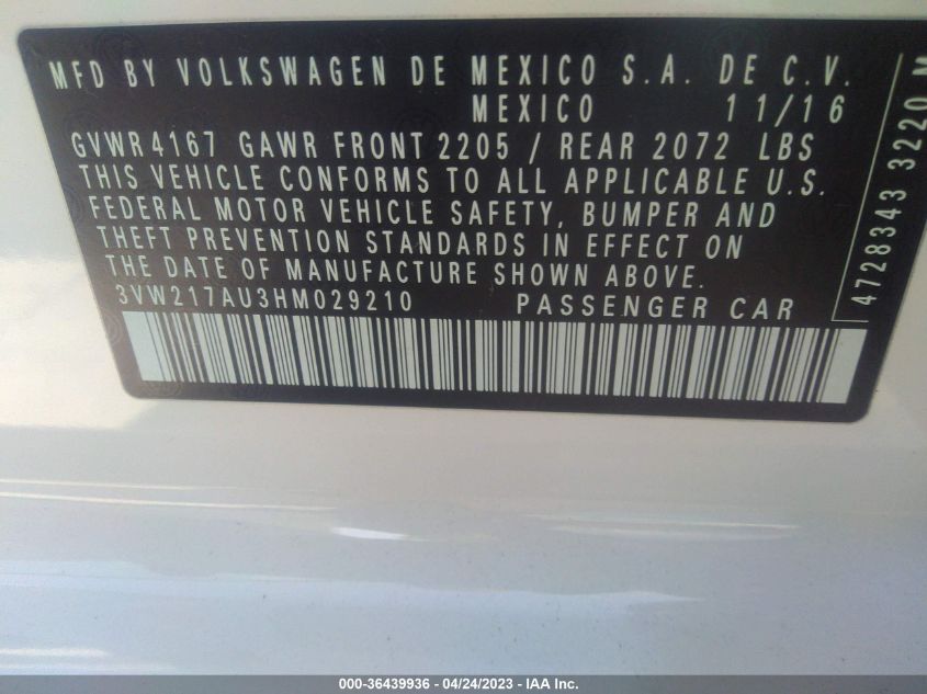 2017 VOLKSWAGEN GOLF S - 3VW217AU3HM029210