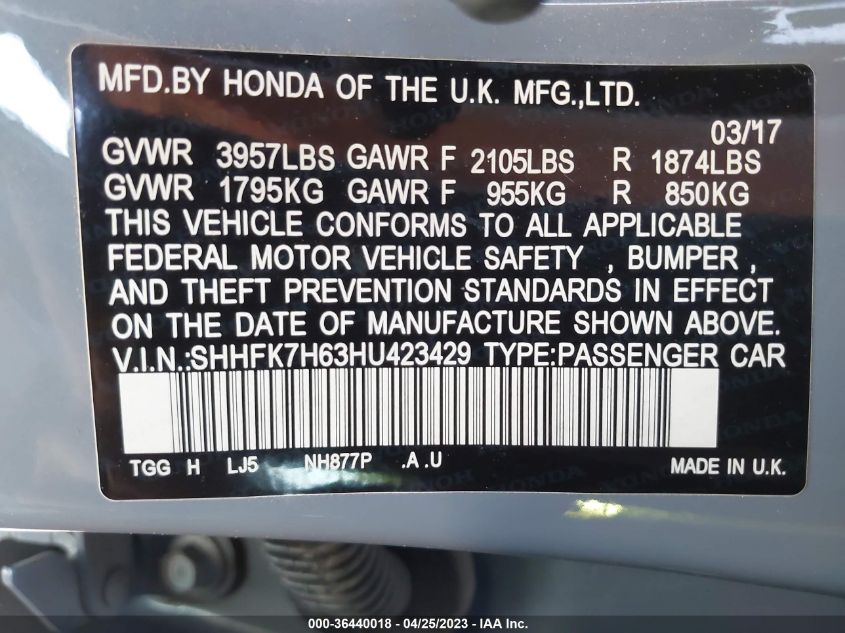2017 HONDA CIVIC HATCHBACK EX - SHHFK7H63HU423429