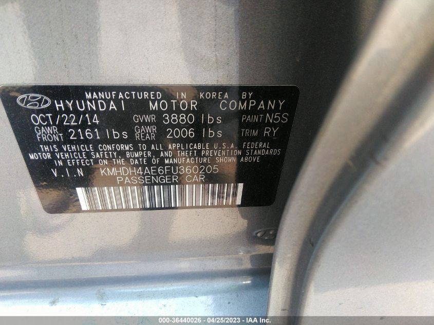 2015 HYUNDAI ELANTRA LIMITED - KMHDH4AE6FU360205