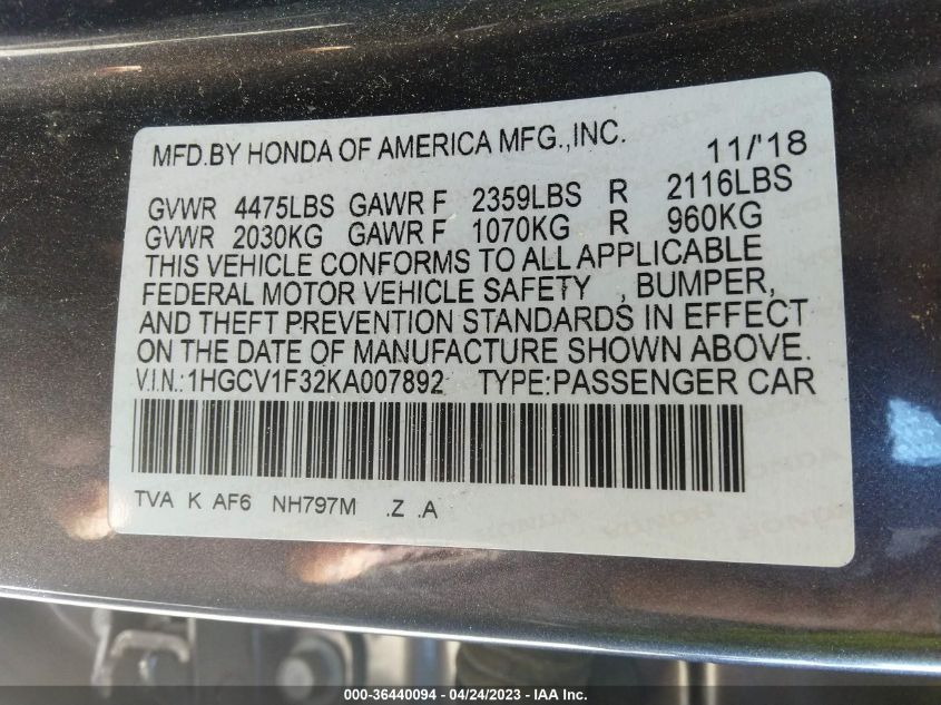 2019 HONDA ACCORD SEDAN SPORT 1.5T - 1HGCV1F32KA007892
