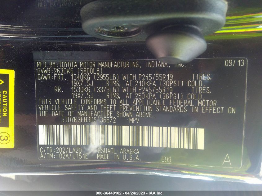 2013 TOYOTA HIGHLANDER LIMITED - 5TDYK3EH3DS136672