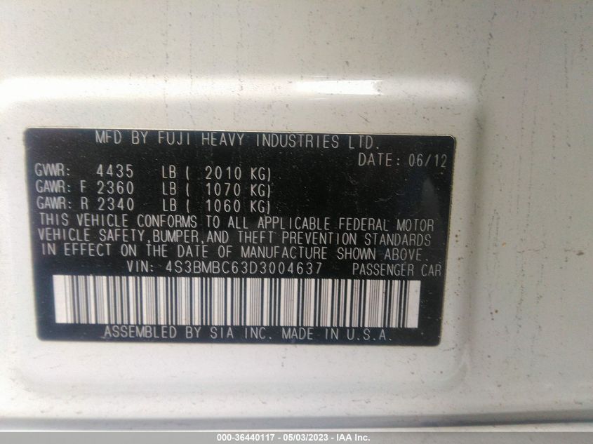 2013 SUBARU LEGACY 2.5I PREMIUM - 4S3BMBC63D3004637