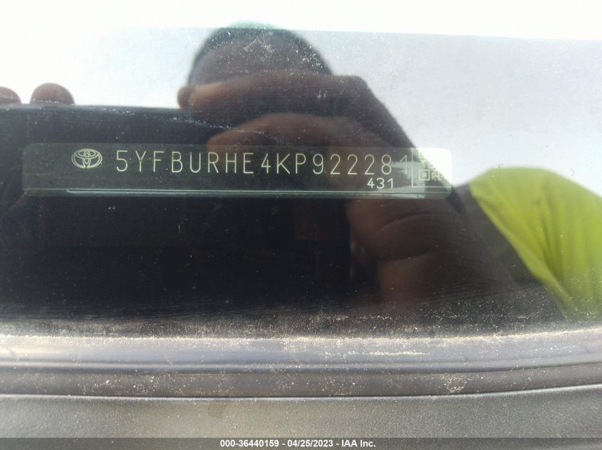 2019 TOYOTA COROLLA L/LE/SE/XLE/XSE - 5YFBURHE4KP922281