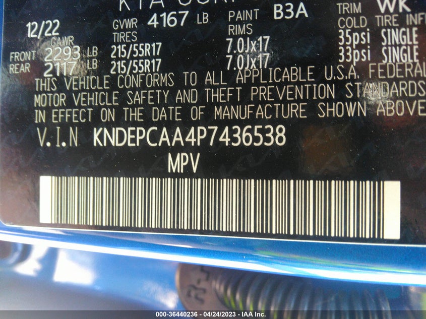VIN KNDEPCAA4P7436538 2023 KIA SELTOS LX