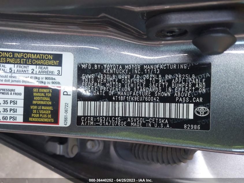 2014 TOYOTA CAMRY L/LE/XLE/SE/SE SPORT - 4T1BF1FK9EU760042