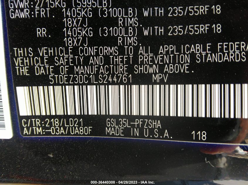 2020 TOYOTA SIENNA SE - 5TDEZ3DC1LS244761