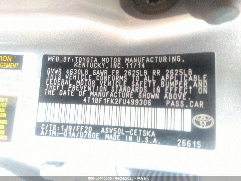 2015 TOYOTA CAMRY XLE/SE/LE/XSE - 4T1BF1FK2FU499306