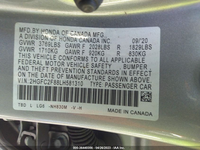 2020 HONDA CIVIC SEDAN SPORT - 2HGFC2F88LH581310