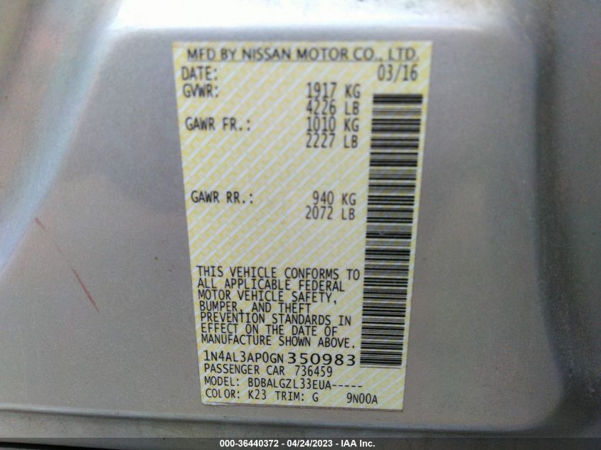 2016 NISSAN ALTIMA 2.5 - 1N4AL3AP0GN350983