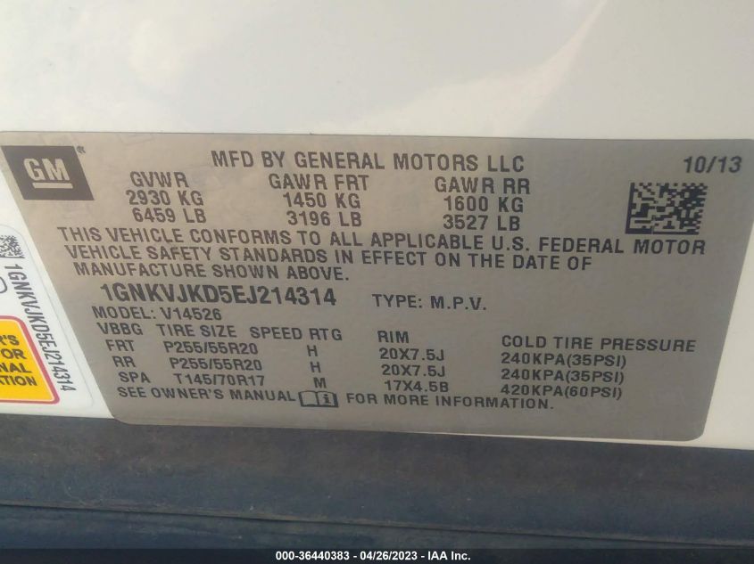 2014 CHEVROLET TRAVERSE LTZ - 1GNKVJKD5EJ214314