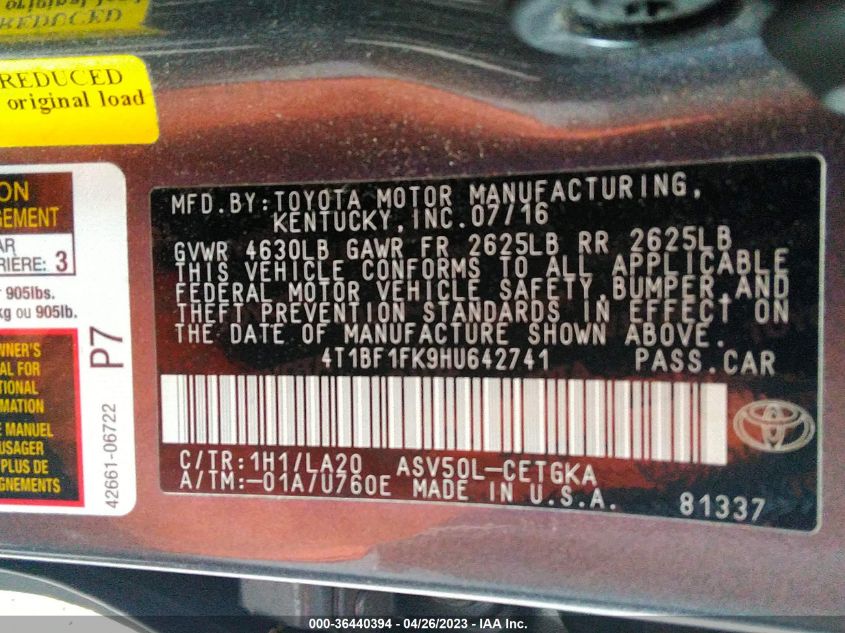 2017 TOYOTA CAMRY XLE/SE/LE/XSE - 4T1BF1FK9HU642741