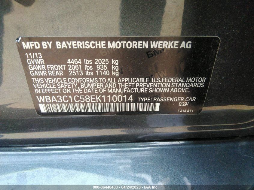 2014 BMW 3 SERIES 328I - WBA3C1C58EK110014