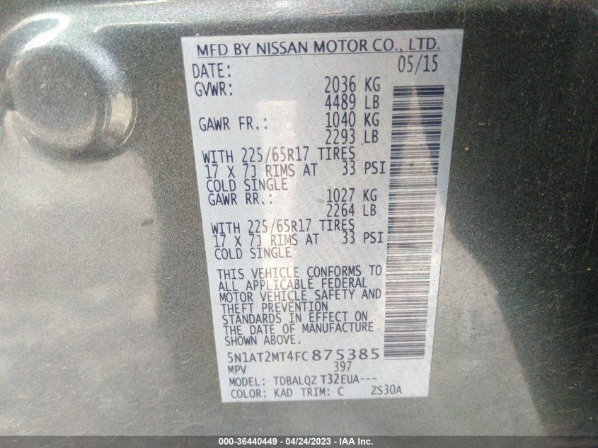 2015 NISSAN ROGUE SV/SL/S - 5N1AT2MT4FC875385