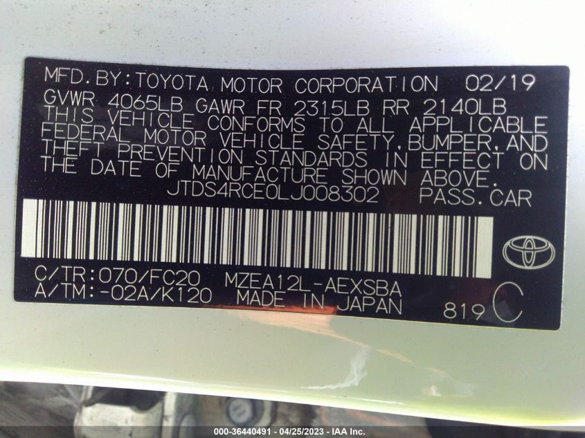 2020 TOYOTA COROLLA SE/NIGHTSHADE - JTDS4RCE0LJ008302