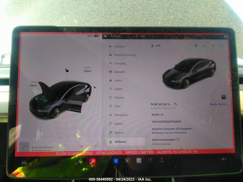 2018 TESLA MODEL 3 RANGE BATTERY - 5YJ3E1EA8JF024152