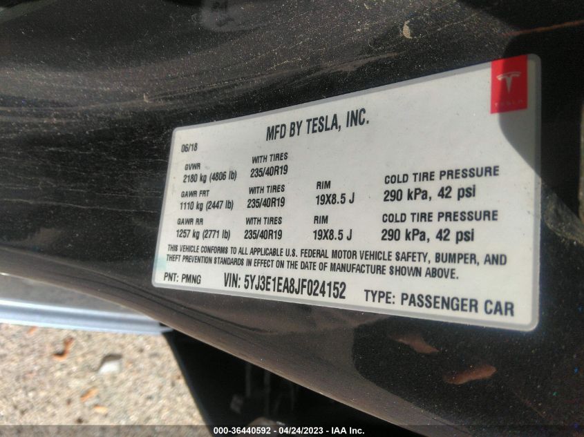 2018 TESLA MODEL 3 RANGE BATTERY - 5YJ3E1EA8JF024152