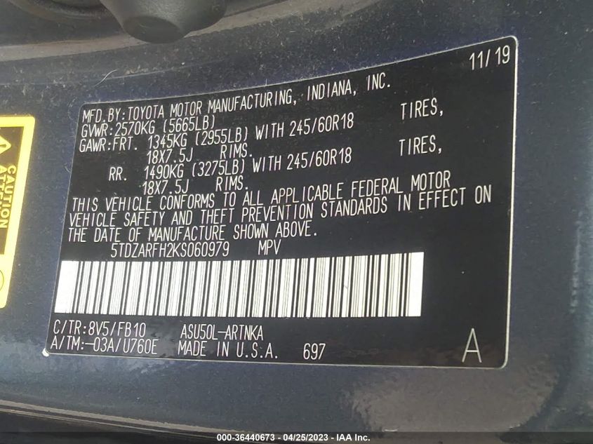 2019 TOYOTA HIGHLANDER LE - 5TDZARFH2KS060979