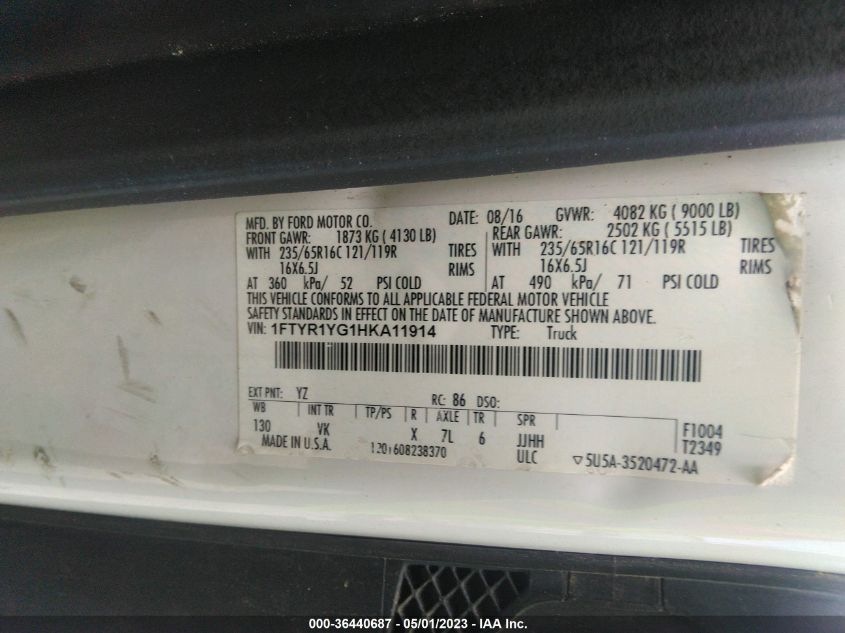 2017 FORD TRANSIT VAN - 1FTYR1YG1HKA11914