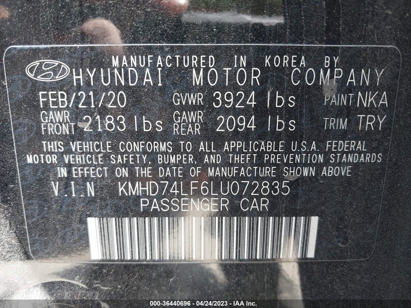 VIN KMHD74LF6LU072835 2020 HYUNDAI ELANTRA SE