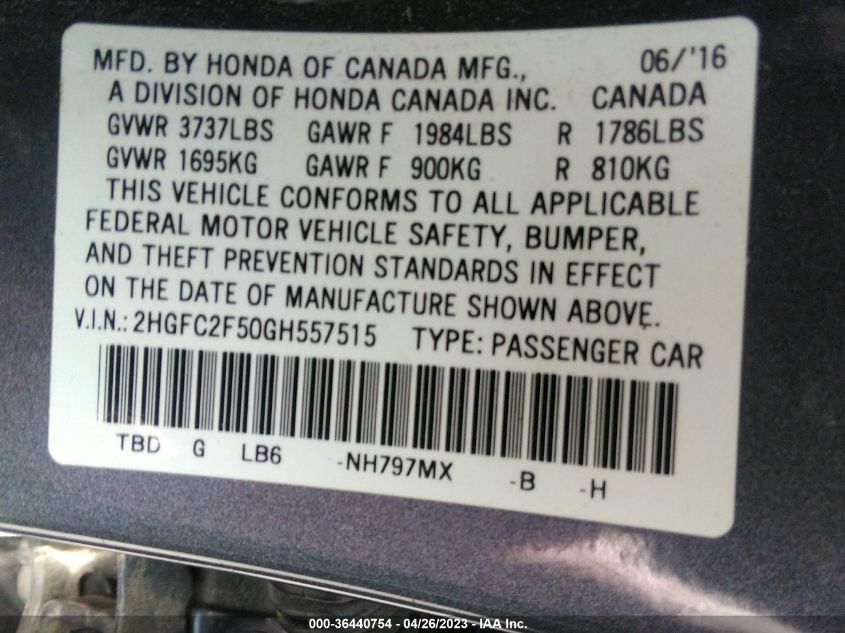 2016 HONDA CIVIC SEDAN LX - 2HGFC2F50GH557515
