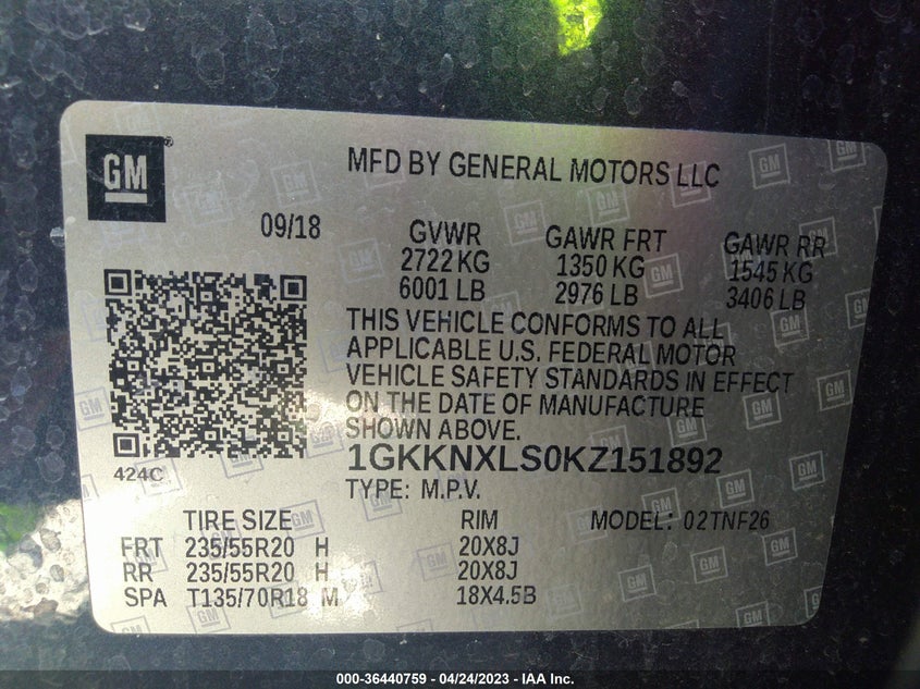 VIN 1GKKNXLS0KZ151892 2019 GMC ACADIA DENALI